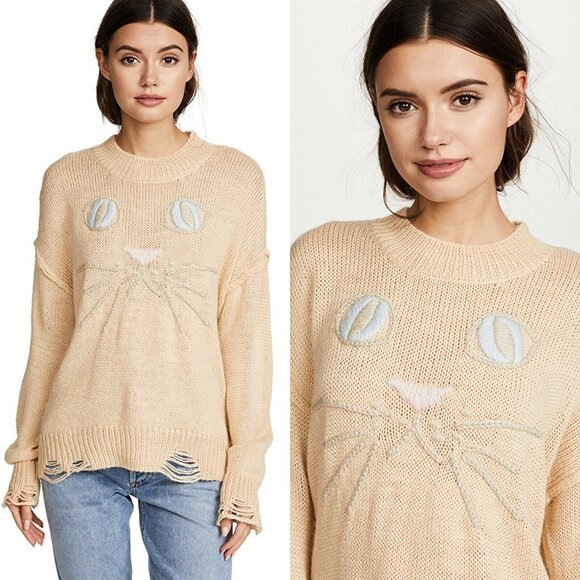 WILDFOX Whiskers "Carine" Kitty Cat Distressed Boho Pullover Sweater, si… - Picture 1 of 14